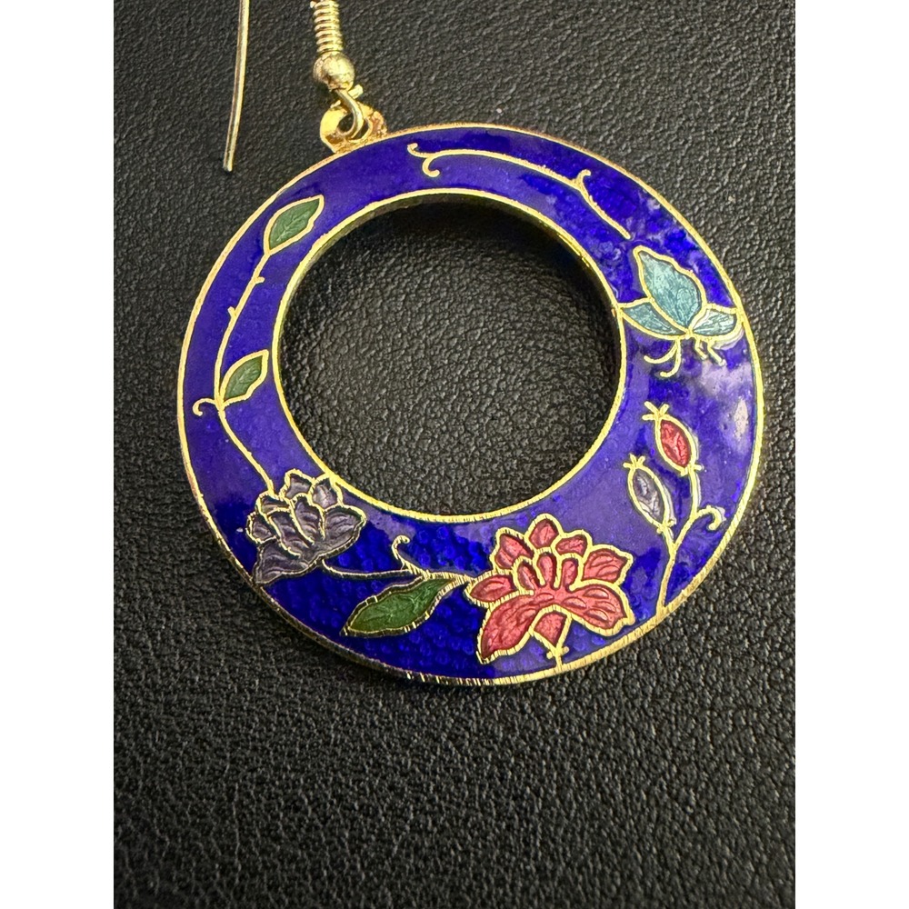 Vintage Cloisonne Lotus Earrings Guilloche Blue Gold Floral Enamel Dangle Drop - Picture 3 of 8